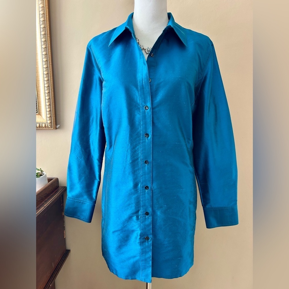 Chico's Teal Blue Raw Silk Long Sleeve Button Down Tunic Top Jacket Size 3 XL - Picture 3 of 8